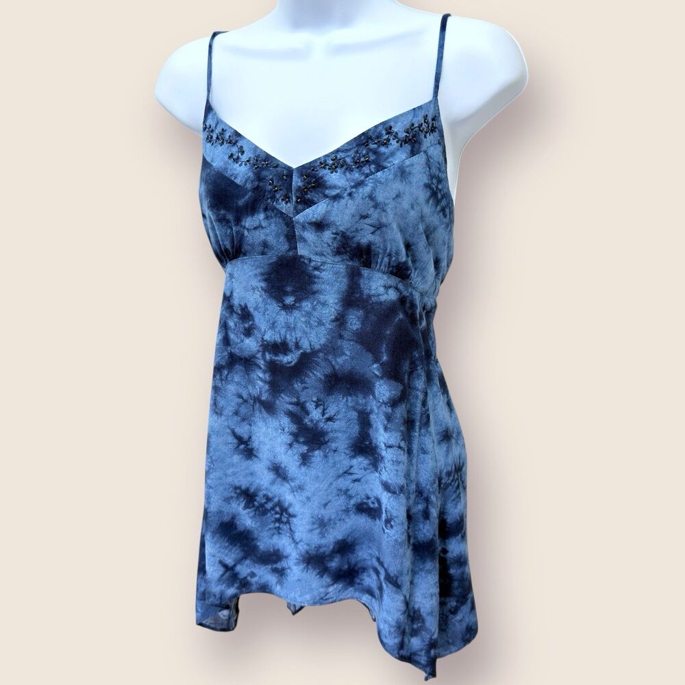 Y2K Babydoll Top Women Size M Tie Dye Beaded Embroidered Shark Tooth Maternity